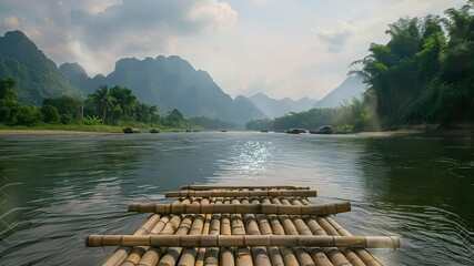 Wall Mural - animation scenic bamboo raft ride through lush mountain river. generated with ai