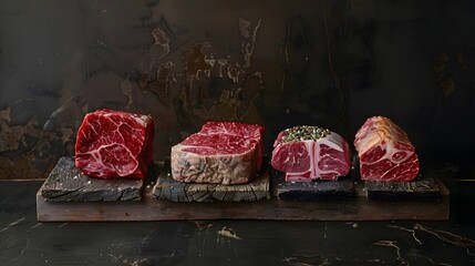 Beef meat cuts on a wooden board, top view. The set includes tenderloin, ribeye and round steaks. Meats for grilling or butcher shop display