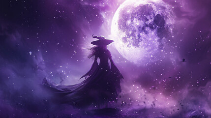 Wall Mural - halloween night scene with silhouette witch against full moon
