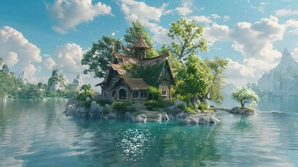 Wall Mural - animation charming cottage on a tranquil lake island generated with ai