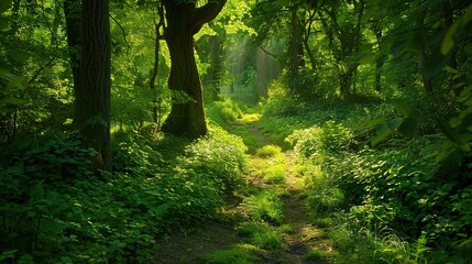 Wall Mural - Sunlit Path Through Lush Green Forest on a Summer Morning