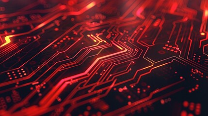 Poster - Close-Up of Red Circuit Board With Glowing Traces