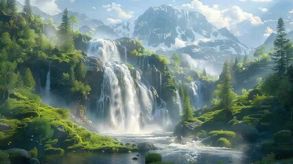 Wall Mural - animation scenic waterfall in lush mountainous forest with clear skies generated with ai