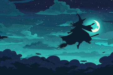 Wall Mural - halloween night scene with silhouette witch against full moon
