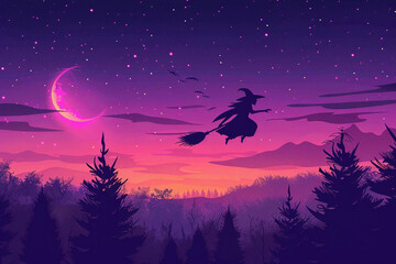 Wall Mural - halloween night scene with silhouette witch against full moon

