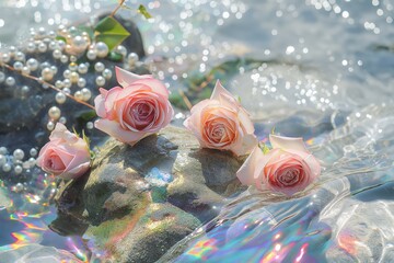 Canvas Print - Pink roses in sparkling water