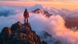 © Farid - Adult male hiker sitting on rocky mountain above clouds.
