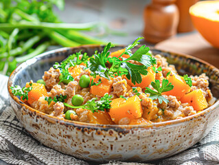 Wall Mural - Oatmeal, Ground Turkey, and Pumpkin Puree Bowl with Parsley and String Beans Garnish