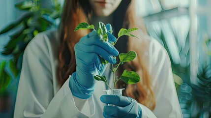 Poster - Woman, hands and plant scientist with test tube in medical research, gmo engineering or climate change research. Zoom, laboratory worker or biologist with science leaf in agriculture study for growth 