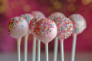 Poster - A festive array of cake pops adorned with rainbow sprinkles before a blurred pink and red backdrop