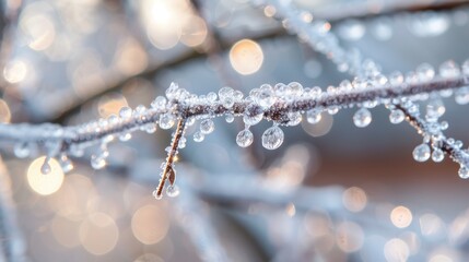 Wall Mural - A branch covered in ice crystals. The image has a serene and peaceful mood, as the ice crystals sparkle in the sunlight