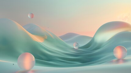 A blue and pink background with a wave and three spheres