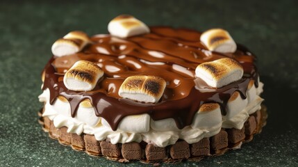 s'mores cake with gooey marshmallow and chocolate, isolated on a deep forest green background