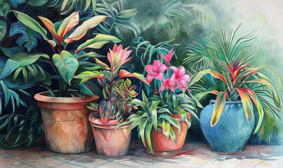 Wall Mural - illustration of flowers and plants in pots