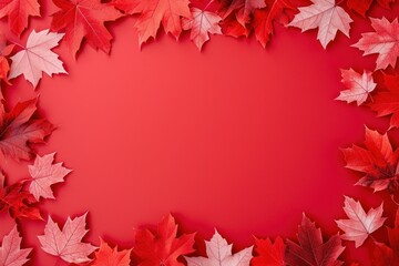Wall Mural - border of red autumn maple leaves on a vibrant red backdrop with space for text