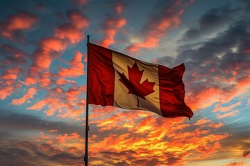 Poster - The majestic canadian flag waving proudly at sunset under a colorful and vibrant sky. Showcasing the patriotic symbol of canada and its rich cultural heritage in a serene and tranquil natural backdrop