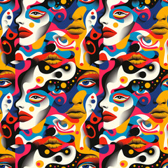 Colorful abstract pattern of female faces with bold makeup