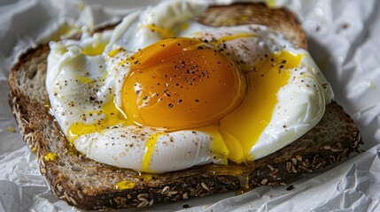 Wall Mural - A plate of toast with a fried egg on top. The egg is slightly runny and the toast is toasted. The plate is set on a wooden table