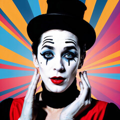 French mime on bright background. Pop art style portrait.