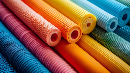 Wall Mural - Colorful rolls of textured fabric arranged in parallel lines.