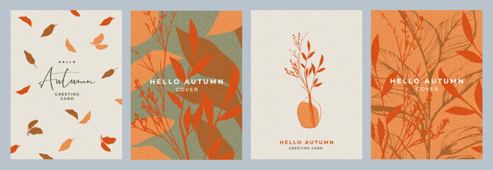 Sticker - Set of trendy modern art style abstract autumn posters or covers with bright beautiful leaves and plants. Fall background, Sale banner, or flyer design. Template for advertising, web, social media