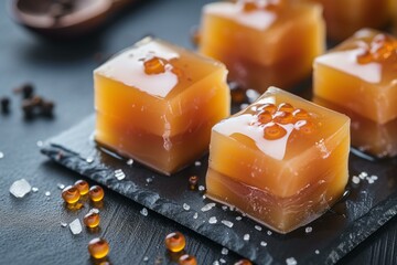 Poster - Artful caramel cubes sprinkled with sea salt and topped with syrup on a dark slate surface