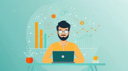 Analytical skills, person with data and charts, flat design illustration