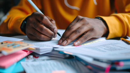 Wall Mural - close-up of an educator grading papers at a desk, focusing on their hands marking the documents and 