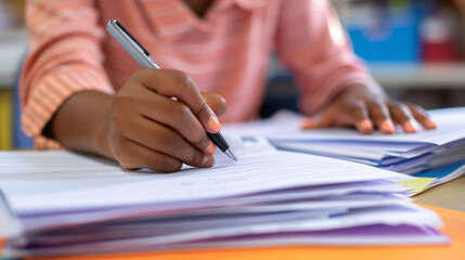 Wall Mural - close-up of an educator grading papers at a desk, focusing on their hands marking the documents and 