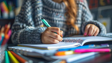 Wall Mural - close-up of an educator preparing lesson plans, focusing on their hands writing in a notebook and th