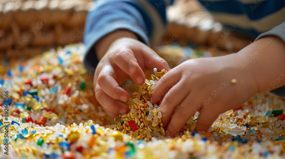 A group of happy children engaging in a sensory activity in a pre K 3 classroom, surrounded by colorful materials and enthusiastic teachers