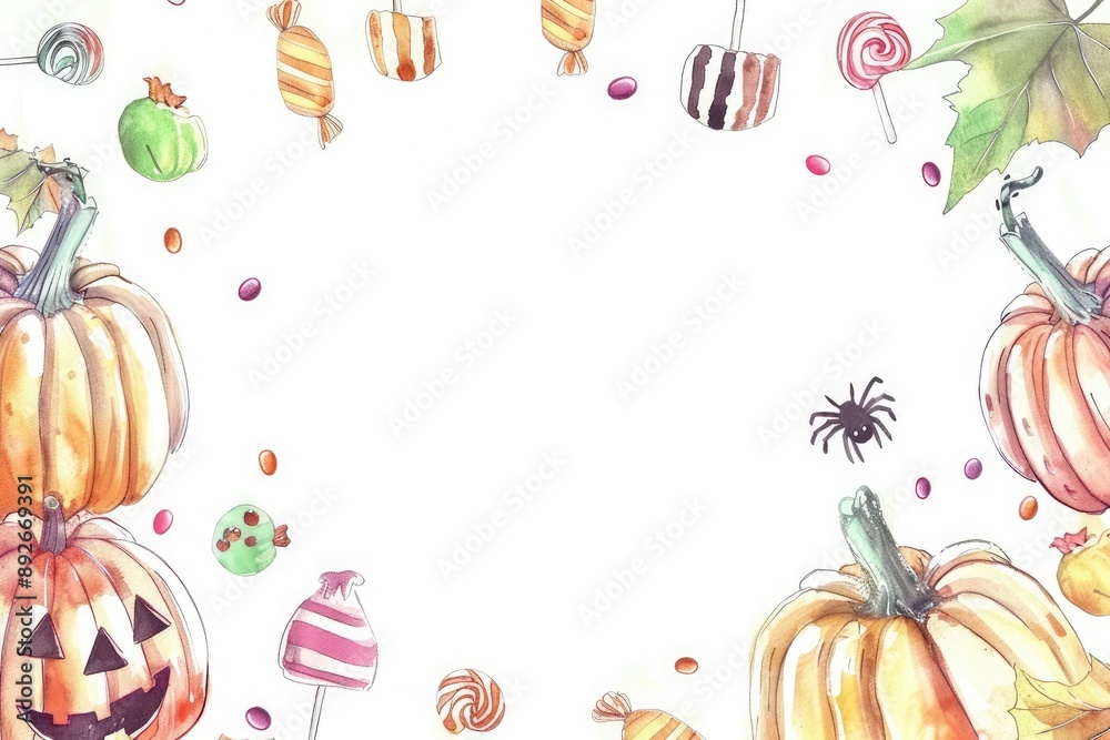 Festive Halloween border with pumpkins, candy, and autumn leaves ...