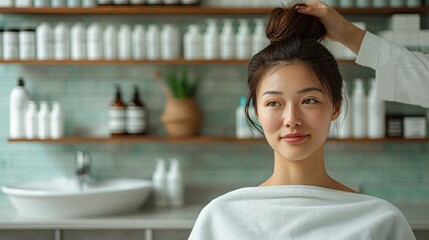 Wall Mural - Woman Getting Hair Styled in Salon