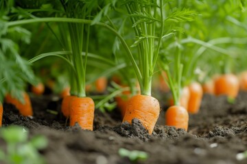 Wall Mural - Vibrant carrots with lush green tops thriving in rich, dark earth