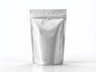 Isolated transparent blank standing pouch mockup over white background, fully customizable with your design, perfect for product packaging and branding presentation.