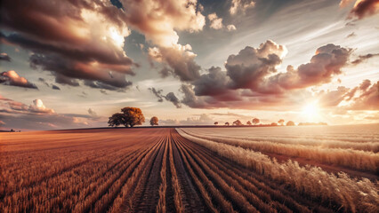 Wall Mural - A vast field sways gently under a vibrant summer sunset, casting long shadows and painting the clouds