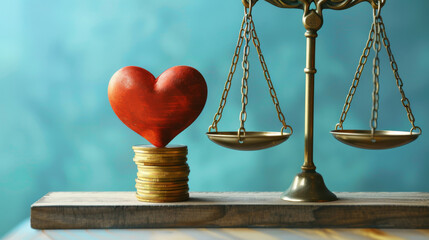 A scale with a heart and money, work life balance concept