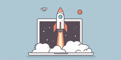 Wall Mural - Rocket Launching from Laptop in Cosmic Background created by ai