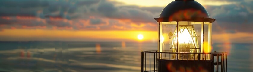 Poster - A lighthouse is lit up at sunset. The light is shining on the water, creating a beautiful and serene atmosphere. The lighthouse is a symbol of guidance and safety, and the sunset adds a sense of calm