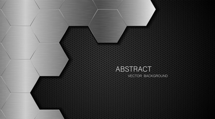 Poster - Metal background. Abstract silver polygons on dark steel mesh background. with free space for design. Modern technology innovation concept background