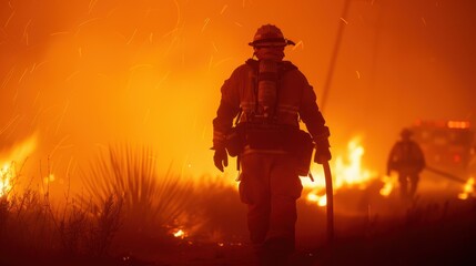 Wall Mural - A firefighter is walking through a fire with a hose in his hand. The scene is intense and dangerous, as the firefighter is trying to put out the flames