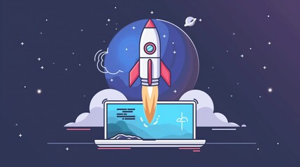 Wall Mural - Rocket Launching from Laptop in Cosmic Background created by ai