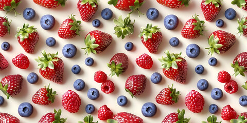 Wall Mural - A pattern of fresh strawberries, blueberries, and raspberries on a white background