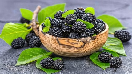 Wall Mural - A Bowl of Fresh Blackberries With Lush Green Leaves