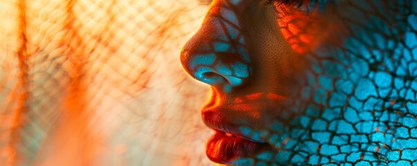 Abstract portrait with textured skin and vibrant colors.