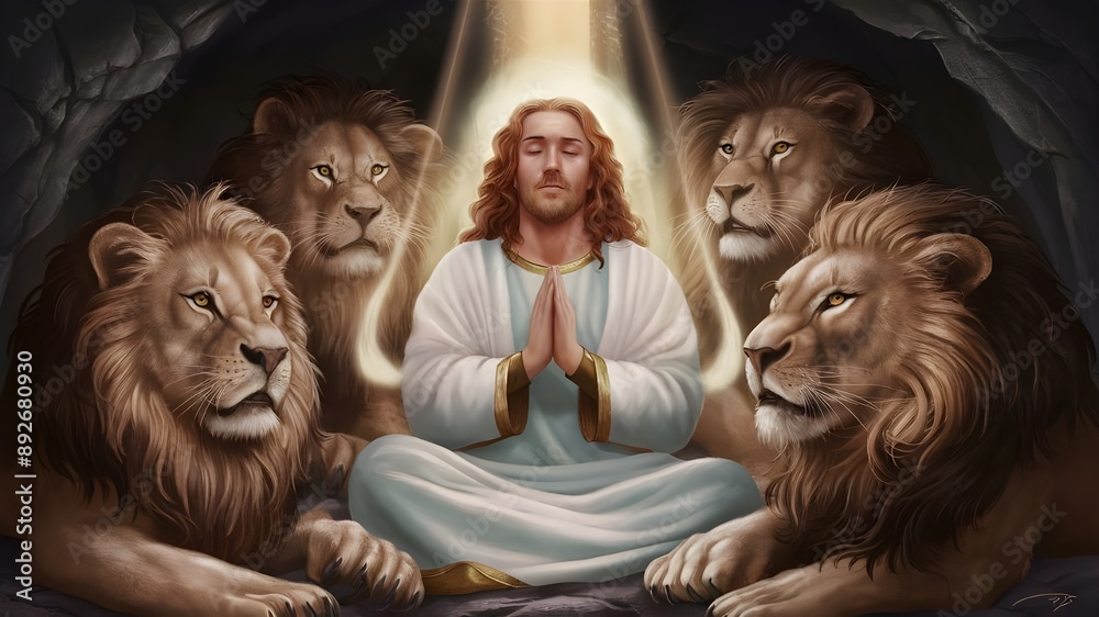 Ilustración de Stock Daniel's biblical tale of facing lions in the den