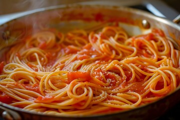 Wall Mural - Cooked spaghetti with tomato sauce in a pan.