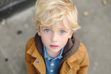 Wall Mural - Portrait of a young child with bright blue eyes and blonde hair, looking up with a candid expression