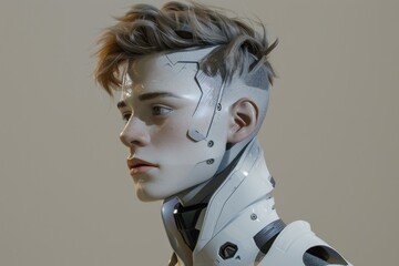 Poster - Closeup of a cyborg with a realistic human face and mechanical details on a neutral background