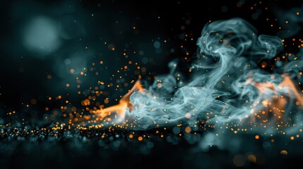 Wall Mural - A fire with smoke and sparks flying out of it. The fire is surrounded by a pile of wood, and the smoke and sparks are creating a dramatic and intense atmosphere